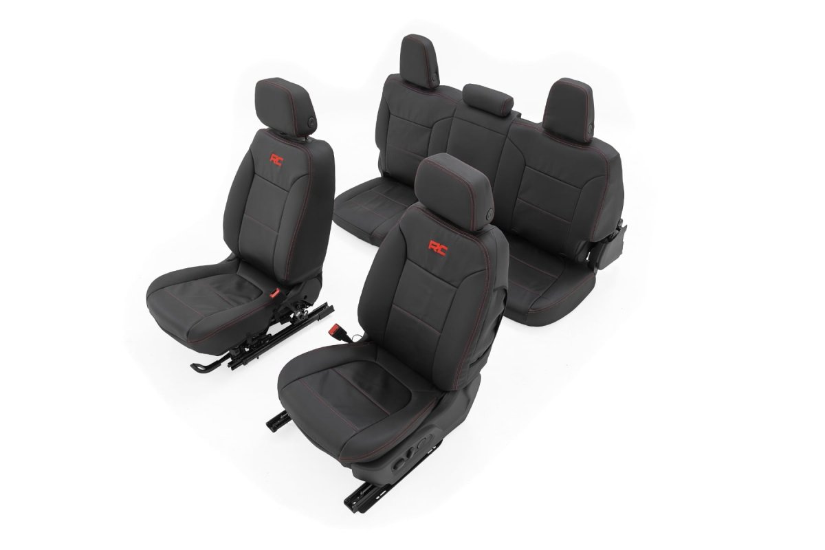 Chevy Silverado 1500 Leather Seat Covers - Front + Rear - Rough Country - Premium with Sport-Inspired Details - Leather with Red Accent Stitching - '19-'26